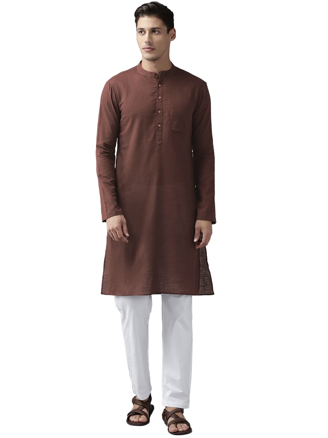 Brown & White Cotton Regular Fit Kurta Set Madern Collar Stright Hem Side Full Sleeve Straght Kurta With Pyjama_SDKT102401M-image-26