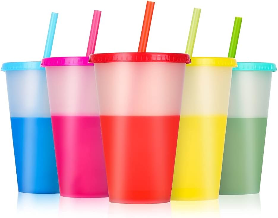 Reusable Tumblers with Lids and Straws - 5 Pack 16 oz Skinny Acrylic Cold Coffee Drinking Tumbler Cups BPA free | Matte Plastic Color Changing Cups for Kids & Adults