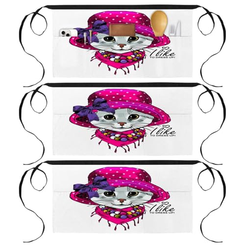 Tablier court de chef lot de 3 avec 3 poches demi-tablier imprimé chat multicolore