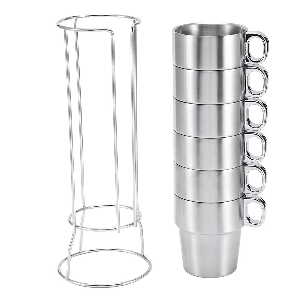 Tasse à Café en Acier Inoxydable, Lot de 6 Réutilisables Rangement en Métal avec Support Isolée Empilable de Tasse, Tasse à Café Expresso à Double Couche avec Support pour Café Thé Boissons