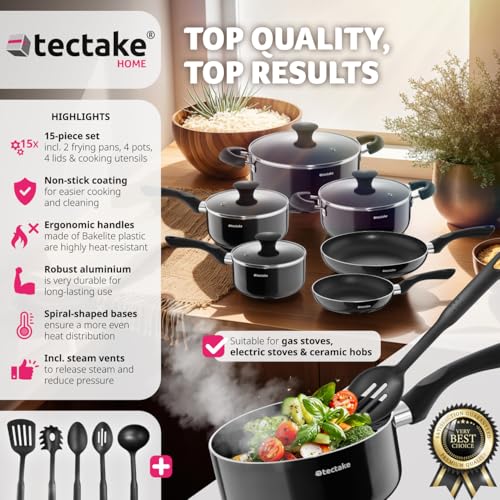 tectake® 15-Piece Aluminium Cooking Pot & Pan Set with Non-Stick Coating & Heat-Resistant Handles, Dishwasher-Safe Cooking Pot Set - 4 Pots, 2 Pans, 4 Glass Lids & 5-Piece Kitchen Utensils Set - Black - Image 2