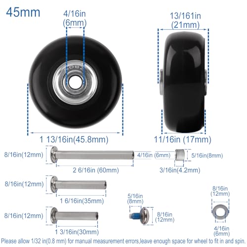 Luggage Suitcase Replacement Wheels Set of 4 PU Bearing Wheels-Install Width 0.8in/21mm with 3 Size Axles and Hacksaw for Trolley Bag Drawbar Box Smooth Rolling Repair(45mm x 18mm)2