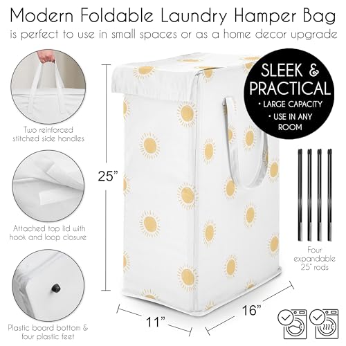 Image of Sweet Jojo Designs Laundry Hamper (White & Yellow Boho Sun) for Girls & Boys, Foldable Dirty Clothes Basket with Handles for Baby Nursery, Kids Bedroom, Teen Bathroom (Bohemian, Celestial Sky, Desert)