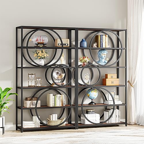 Image of Tribesigns 5-Tier Bookshelf, 71 inch H Industrial Book Shelf Large Bookcases & Bookshelves with Chic Circular Design, Tall Open Display Shelf Storage Rack for Home Office(Rustic Brown, 2PC)
