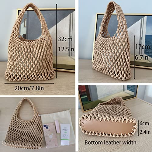 Image of Mini Clutch Handbag Fishing Net Bucket Bag Cotton Rope Crochet Drawstring Woven Beach Bag Small Tote for Women Girls