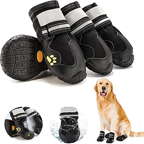 Fuzilin Dog Boots, Waterproof Dog Shoes, Summer Breathable Pet Dogs Booties, with Non-Slip Soles and Reflective Strap for Small Medium and Large-Sized Dogs, Black 4PCS (Size 7)