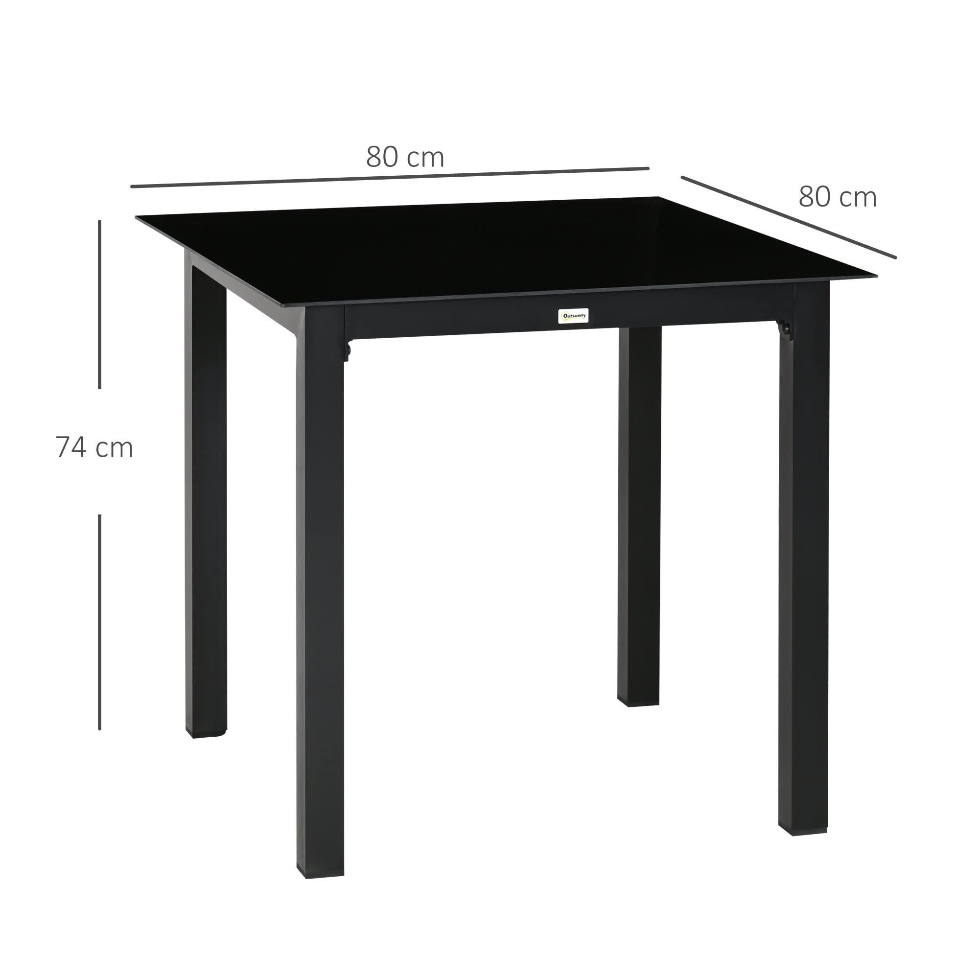 Outsunny Gartentisch, Balkontisch Hartglasplatte, 80 x 80 x 74 cm, Schwarz | Quadratischer Esstisch für Garten, Für 4 Personen, Terrassentisch, Alu