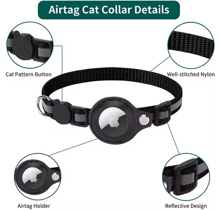 Image of Cat Collar Breakaway, Reflective Kitten Collar with Air Tag Holder and Bell for Girl Boy Cats (Black)