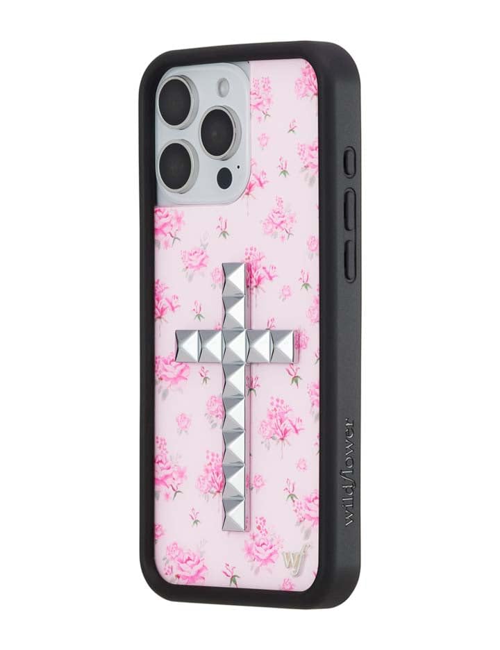 Image of Wildflower Cases - Compatible with iPhone 16 Pro Max | Protective Black Bumper, 6.5ft Drop Test Certified, Women Owned Small Business | Stud Cross Forget Me Not Floral Pink