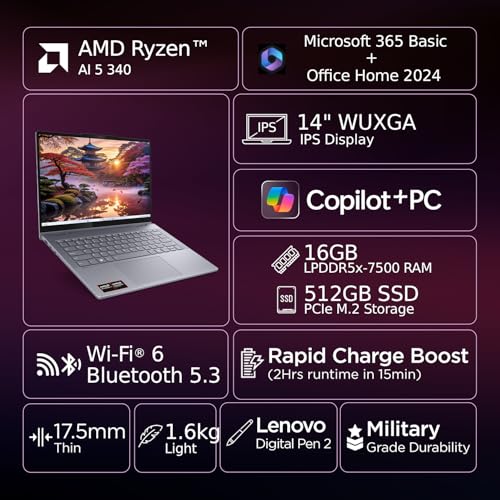 Image of Lenovo IdeaPad 5 2-in-1 AMD Ryzen AI 5 340 (16GB RAM /512GB SSD /14 (35.5cm) /WUXGA IPS /Windows 11 /Copilot+PC /Microsoft 365 Basic + Office 2024 /Digital Pen 2 /Grey /1.6Kg), 83KT0052IN Convertible Laptop