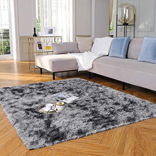 Yome Machine Washable Area Rug, Fuzzy Soft Carpet with Durable Edges, Home Decor Floor Rug for Your Homes Living Room, Bedroom, Kids Room, Office, Fluffy Rug 4 x 5.3 Feet, Light-Grey/Black.