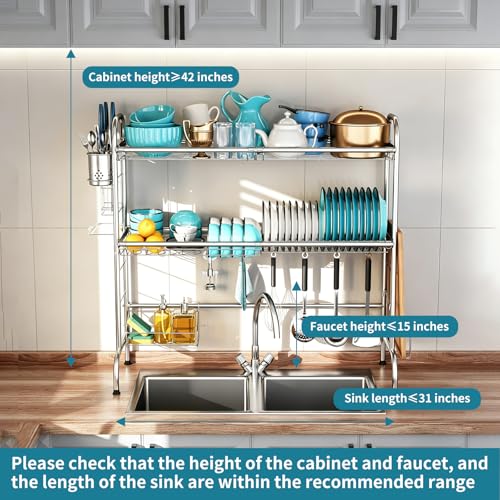 Image of HOWDIA Stainless Steel 2-Tier Over The Sink Dish Drying Rack with Utensil Holder, Large, for Kitchen Counter