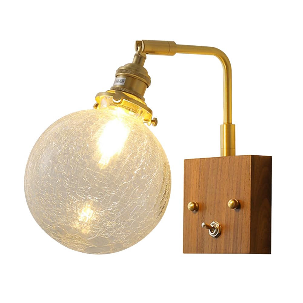Applique da Parete Vintage, Lampada da Parete con Paralume in Vetro da 5,9 Pollici con Interruttore a Pulsante, Base in Legno Chiaro Regolabile in Ottone Dorato per Camera da Letto, Soggiorno, co