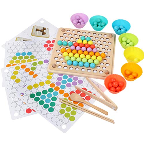 YSINFOD Montessori Holzspielzeug Holzspielzeug mit Perlen und Karten Clip Perlen Puzzle Board Matching Pair Spielkonzentration und Gedächtnistraining Spielzeug Farbform Sortierer