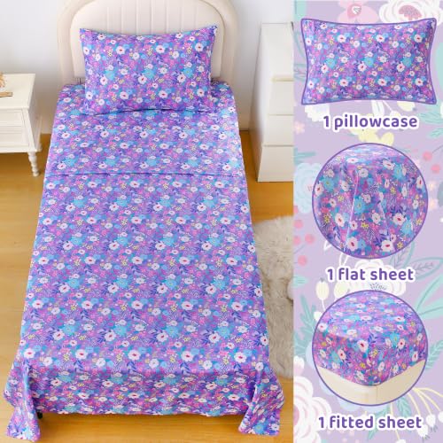 Image of Viviland 3 Pieces Girls Floral Twin Sheet Set - Soft Microfiber Fitted Flat Sheets & Pillowcase Bed Sheet Set - Purple Flowers Bedding Sets for Kids