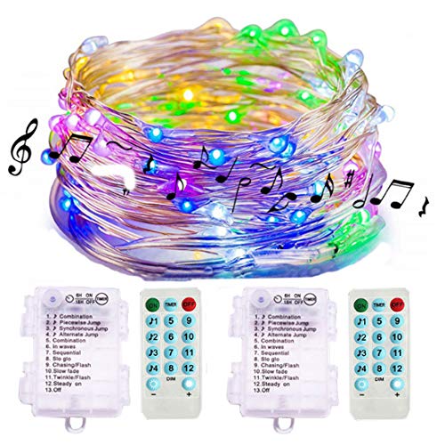2 Pack Sound Activated Music String Lights,32.8ft 100LEDs 12 Modes Waterproof Copper Wire Multicolor AA Battery Powered String Lights with Remote Control for Bars,Parties,Christmas,Wedding Dance.