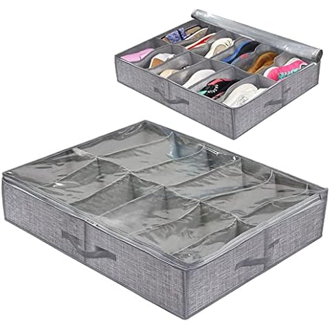 VidFair Under Bed Shoe Storage Organizer 12 Pockets Underbed Shoe Storage Chest with Clear Lid Foldable Non-Woven Fabric Lattice Storage Containers with Reinforced Handles Cover