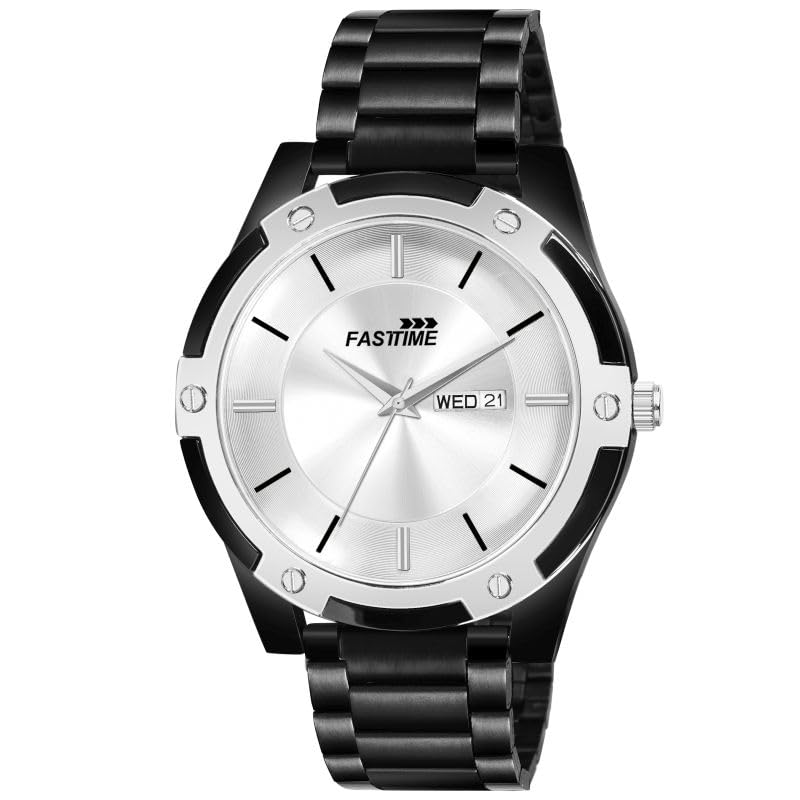 FASTTIME Black Metal Day-Date for Men with Solid Chain and Unique Designed CASE 11207 MBMS A