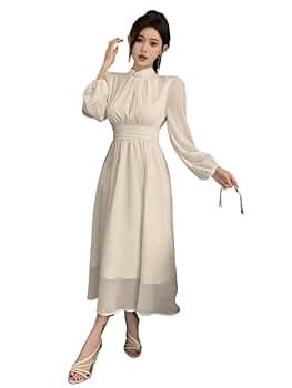 KARFRI Women's Dress Long Sleeve Solid Color Tie Waist Long