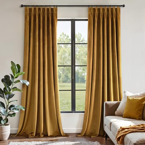Image of MIULEE Gold Velvet Blackout Curtains 84 inches Long, Pinch Pleated Drapes with Hooks, Thermal Insulated Pleat Design Luxury Panels for Living Room Bedroom, Set of 2