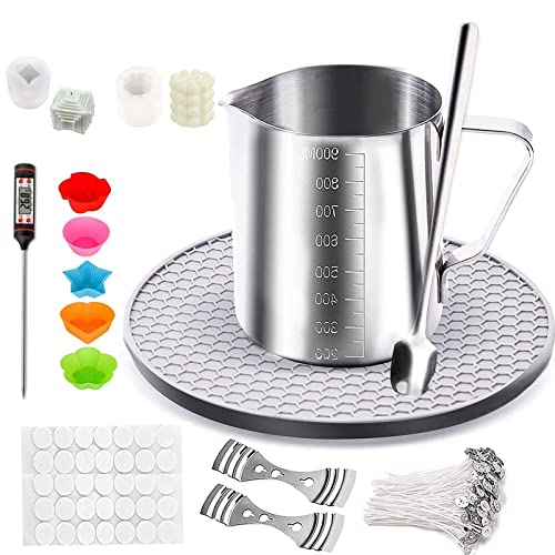 LCPKUTTR Complete Candle Making Set Include Pouring Pot Wick Centering Device Candle Tin Mixed Spoon Sticker and Thermal Pad for Starter DIY Candle Craft THD-1210