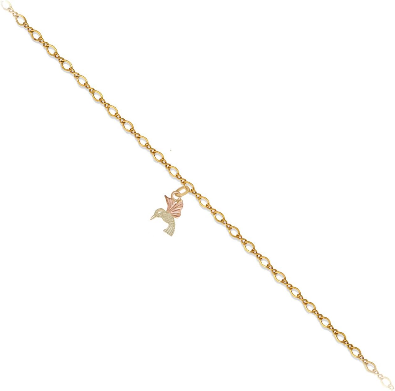 Black Hills Gold 10k Gold Hummingbird Ankle Bracelet, Tri-Color Leaf Accents in 12k Green and Rose Gold, Fine Gold Anklet for Women