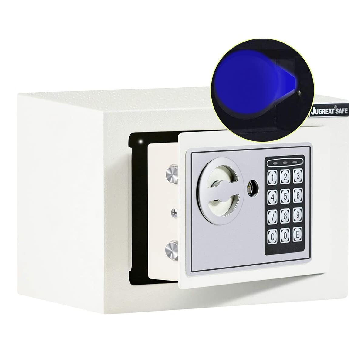 JUGREAT Safe Box with Induction Light, Electronic Digital Security Safe Steel Construction Hidden with Lock Wall or Cabinet Anchoring Design for Home Office Hotel Business 0.23 Cubic Feet White