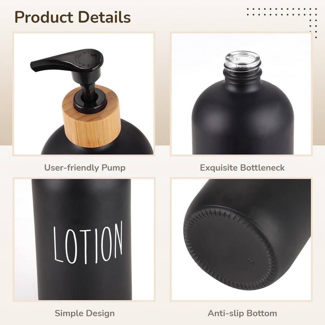 Set of 3 Black Glass Liquid Dispenser for Lotion Hand Soap with 16Oz Glass Pump Soap Dispenser and Farmhouse Wood Riser, Supplies for Home Kitchen Bathroom Decor