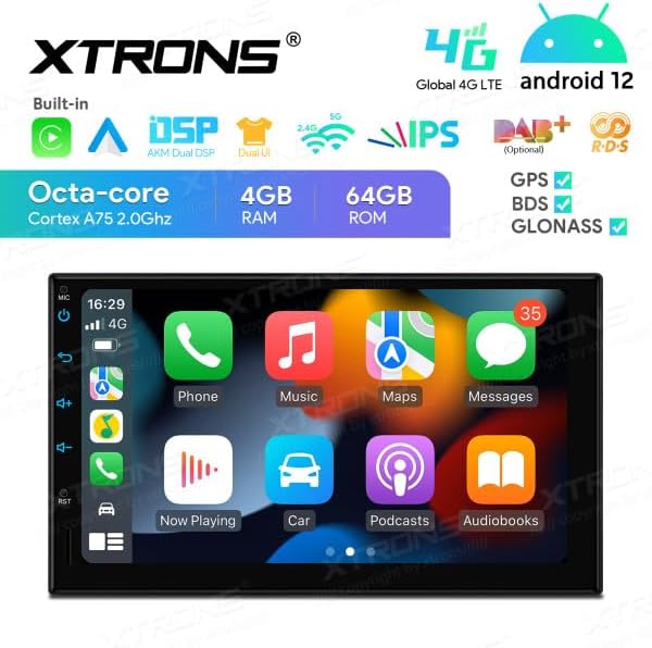 XTRONS TIA723LS main screen showing various application icons like Phone, Music, Maps, Messages, Now Playing, Car, Podcasts, and Audiobooks, running on Android 12.