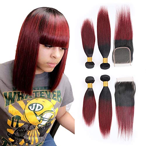 Ombre Hair 1B/99J Burgundy Short Straight 2 Bundles with 4x4 Lace closure 10 12+10 Inches Brazilian Virgin Human Hair Sew in Weave Extensions For Women