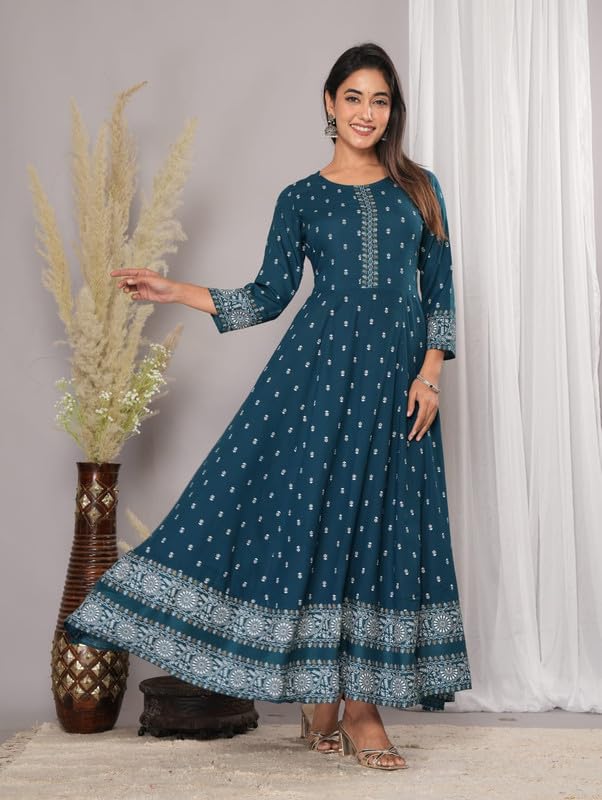 Image of Women's Printed Maxi Dress with Border, 3 /4 Sleeves, Ethnic Style KJ6