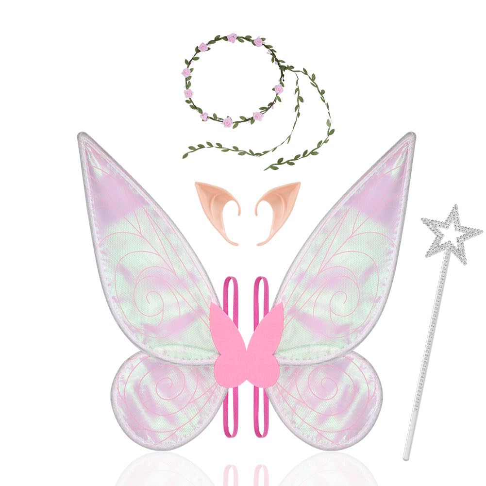 Aomig Fairy Wing, Butterfly Wings for Kids Girls, Sparkling Sheer Wings with Flower Headband, Elf Ears and Fairy Wand, Angel Wings Princess Fancy Dress Up Costumes for Halloween Party Cosplay