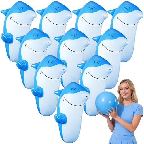 Foilswirl 11 Pcs 27 Shark Inflatable Bowling Set 10 Pcs Giant Inflatable Bowling Pins and 23 Giant Ball Summer Shark Party Set for Water Sports Fun Indoor Outdoor Gift