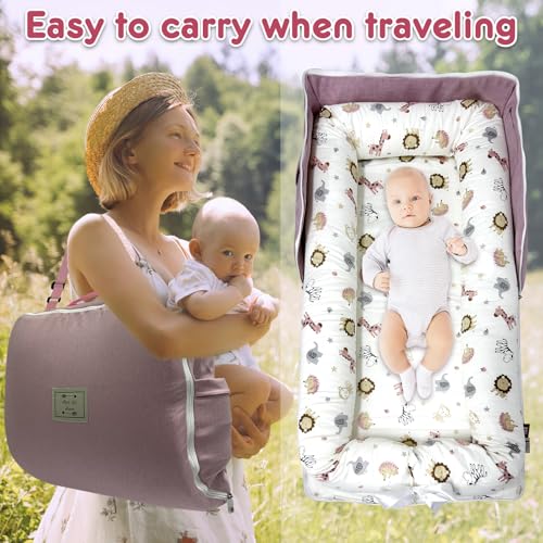 Image of Baby Lounger, Foldable Portable Infant Lounger, Baby Nest Cover, Suitable for 0-24 Months Newborn Baby Lounger,Home Travel Dual-Purpose Baby Nest（Pink Zoo）