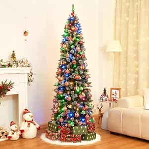 Homde Pencil Christmas Tree 6 Foot Pre Lit Artificial Christmas Tree with Flocked Snow Pine Cone 160 Warm White Lights Holiday Decor