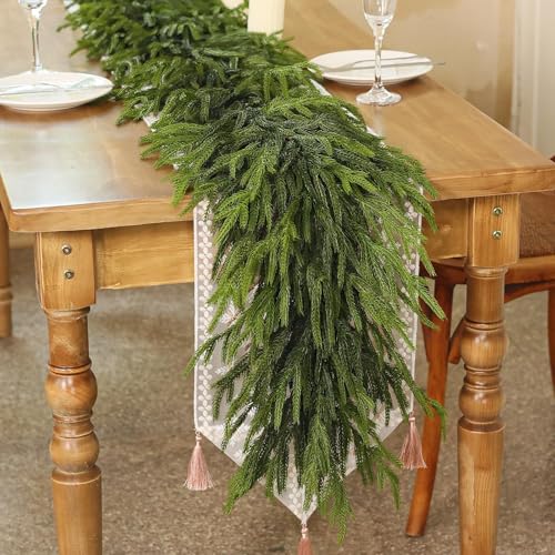 9FT Real Touch Norfolk Pine Garland - Artificial Christmas Garland Fake Green Faux Pine Needles Garland for Table Fireplace Mantle Holiday Home Indoor Outdoor Decor (2PCS)