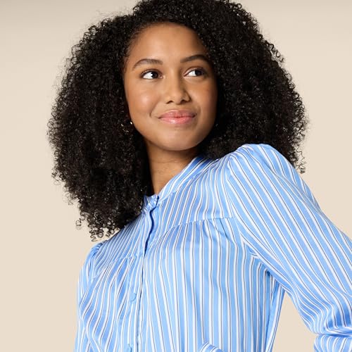 Image of Amazon Essentials Women's Regular-Fit Cotton Sateen Tiered Shirt Dress with Puff Shoulder Sleeves, Collar Band, Button-Front