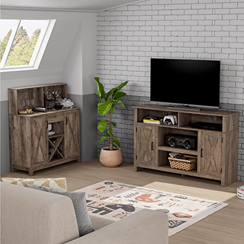 HOSTACK-Wine-Bar-Cabinet-for-Liquor-and-Glasses-Barn-Doors-Wine-Cabinet-with-Adjustable-Storage-Shelves-Wooden-Sideboard-Buffet-Storage-Cabinet-for-Kitchen-Dining-Room-Farmhouse-Ash-Grey