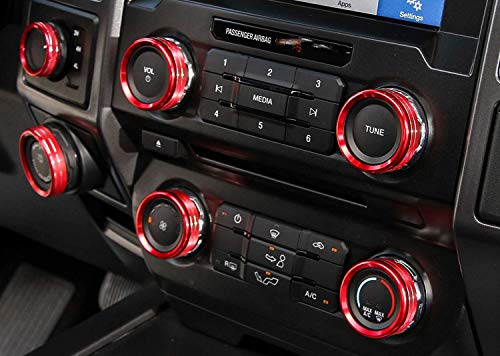 Ijdmtoy 6Pc Sports Red Aluminum Air Conditioner Stereo Volume/Tune Trailer/4Wd Switch Knob Ring Covers Compatible With 2016-2020 Ford F-150 #TOP5