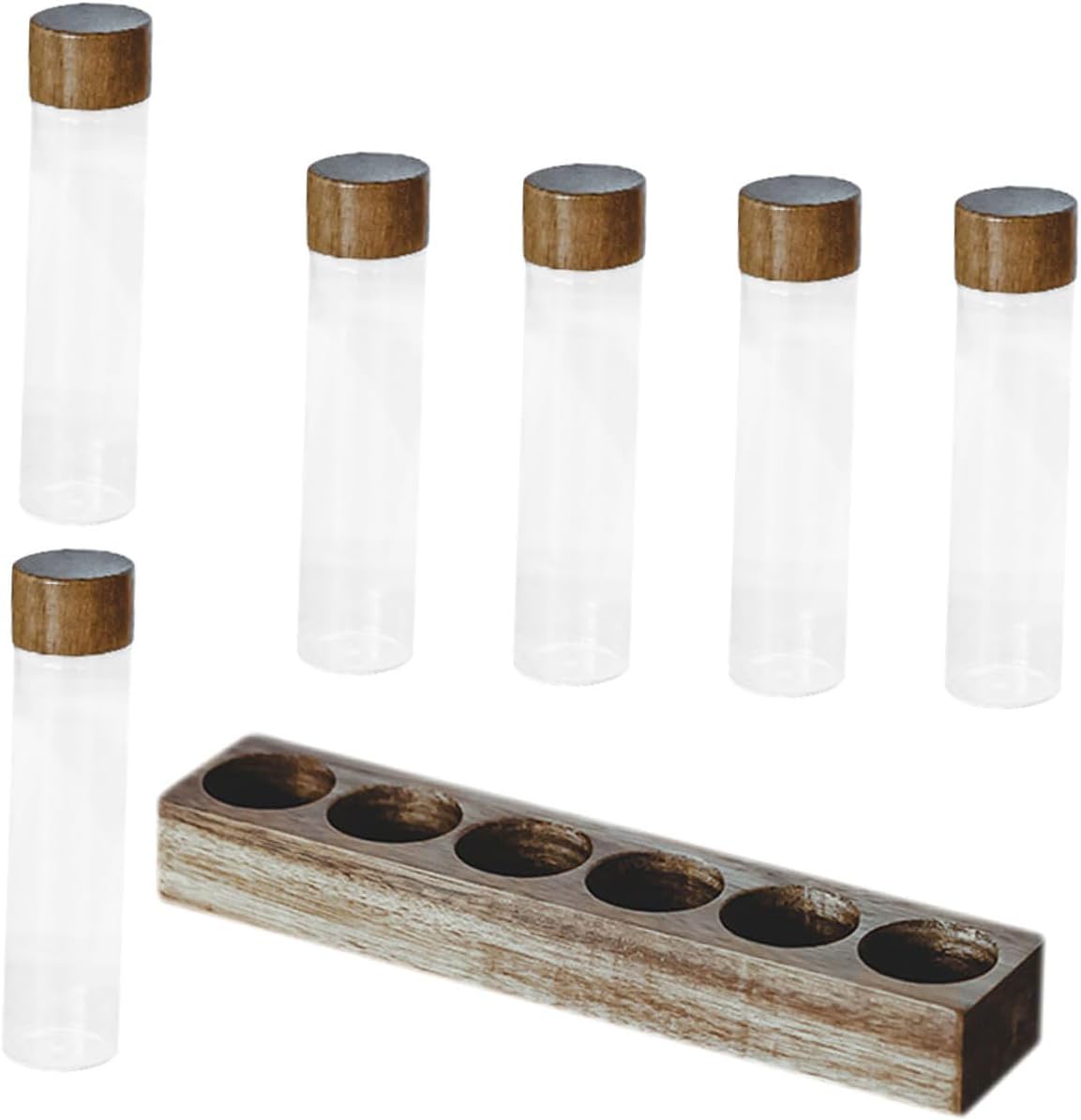 Set de 6 frascos de vidrio para café con soporte de madera