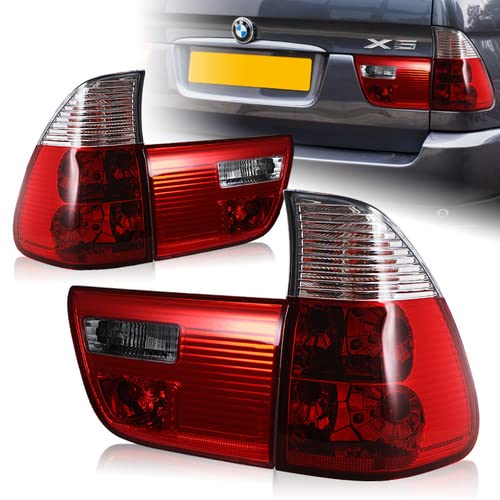 HK5 Pair Chrome Housing Red Clear Lens Rear Tail Brake Light Assembly Compatible with 2000-2006 BMW E53 X5, 2001 2002 2003 2004 2005