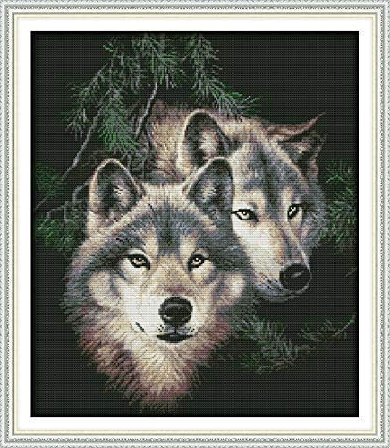 Happy Forever Cross Stitch Kits 11CT Stamped Patterns, DIY Preprinted Embroidery Kit for Beginner, Animals (D661 Two Wolves 2, Size 19''x22'')