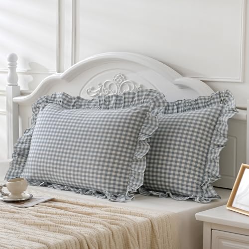 2 Pack Blue White Plaid Gingham Ruffle Pillow Shams Standard Size 20x26 inches, 100% Washed Cotton Checkered Farmhouse Pillow Covers for Bed/Sofa (26x20 inches,Blue/White Plaid)