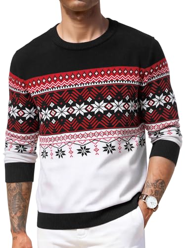 Crewhpo Camisola natalícia homem gola redonda camisola Natal de manga comprida roupa de malha Sweater para outono inverno, B - preto, M