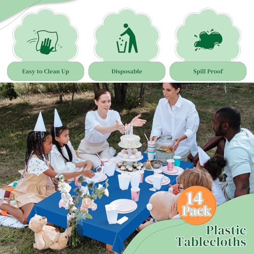 Image of Blue 14 Pack 54 x 108 Inch Plastic Tablecloths, Disposable Rectangle Tablecloth, Party Table Cover Plastic Table Cloth