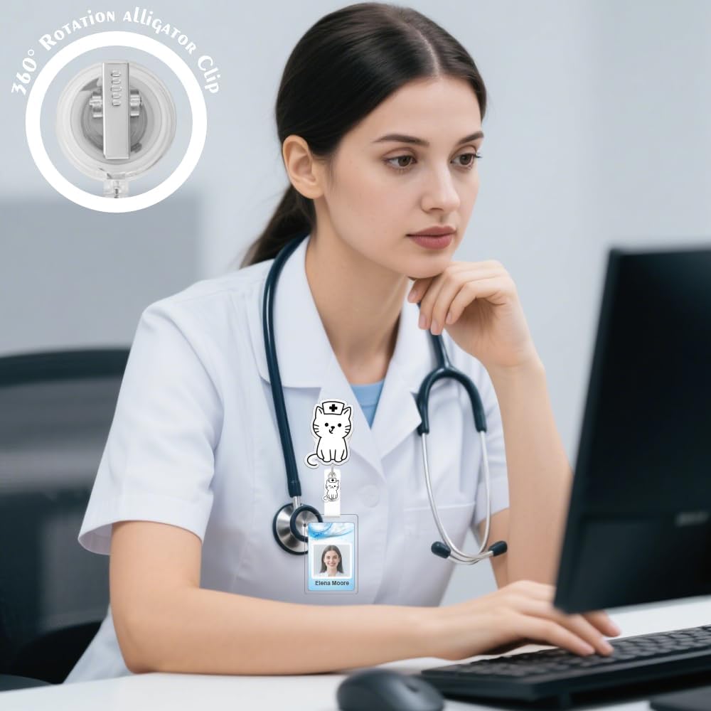 Cute Cat Badge Reel, RN Badge Buddy, Funny Cat ID Work Badge Holder with Retractable Alligator Clip Accessories for LPN CNA MA Nurse Doctor Nursing Student Teacher, and Medical Workers image 4
