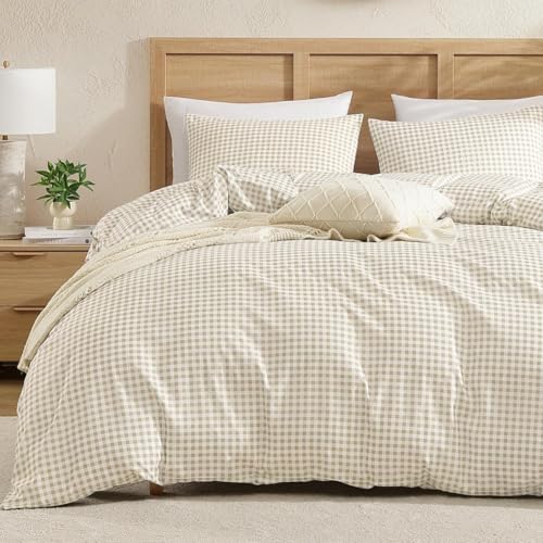 Image of Andency Gingham Duvet Cover Queen Size, Cream Beige Checkered Plaid Bedding Set, 3 Pieces Soft Prewashed Polyester Comforter Cover with Zipper Closure & Corner Ties