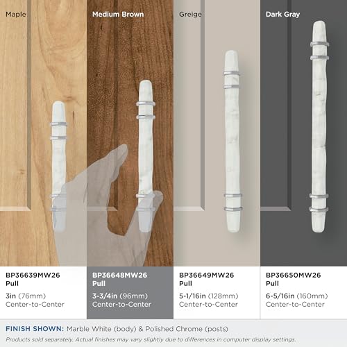 Image of Amerock 3-3 /4 inch Carrione Marble White /Polished Chrome Drawer Pull | 3-3 /4 inch (96mm) Center-to-Center Mounting Distance and 6-5 /16 inches Overall Length, Durable Zinc Cabinet Hardware