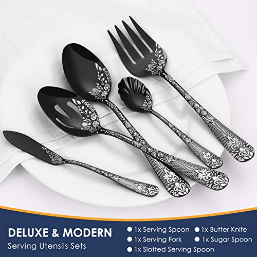 Euirio 53-Piece Black Silverware Set With Serving Utensils, Black Flatware Set For 8, Stainless Steel Mirror Cutlery Set, Spoons Forks Knives With Unique Floral Laser, Tableware Set, Dishwasher Safe #TOP1