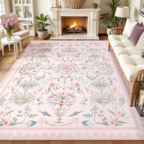 Image of Collive 8x10 Area Rug for Living Room, Boho Pink Classical Floral Washable Rug Non Slip, Soft Ultra-Thin Indoor Decor Elegant Carpet for Girls Bedroom Kids Room Dining Room Playroom